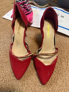 Dollhouse Red Pointed D'Orsay Heels with Gold Strap